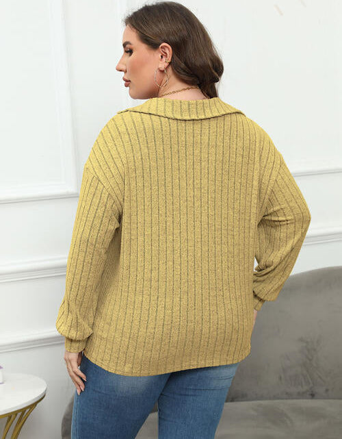 Load image into Gallery viewer, Plus Size Ribbed Collared Neck Long Sleeve Blouse
