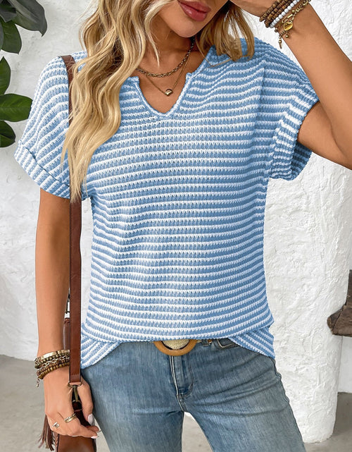 Load image into Gallery viewer, Striped Notched Short Sleeve T-Shirt
