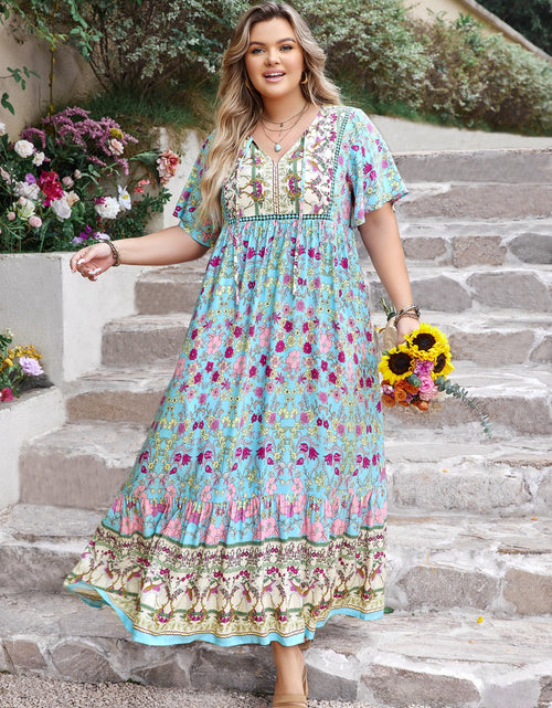 Load image into Gallery viewer, Plus Size Printed Tie Neck Flutter Sleeve Maxi Dress
