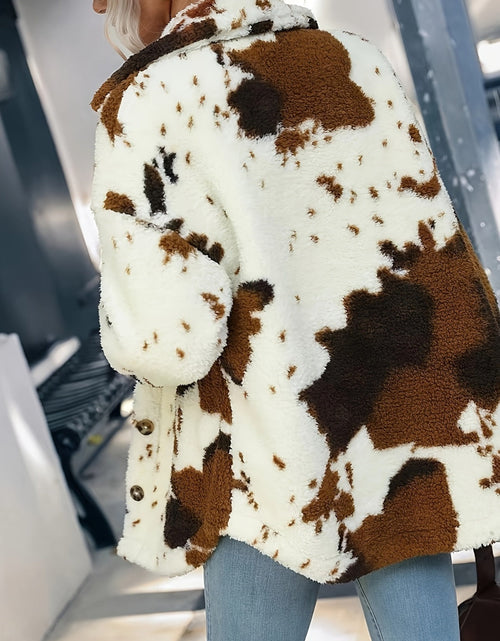 Load image into Gallery viewer, Cow Print Collared Neck Button Up Fuzzy Jacket
