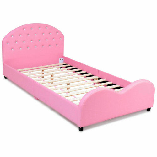 Load image into Gallery viewer, Twin Size Upholstered Platform Toddler Bed with Wood Slat Support
