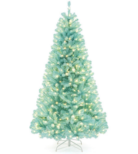 6/7 FT Blue Artificial Christmas Tree with 280/380 Warm White LED Lights and Foldable Metal Stand-7 ft