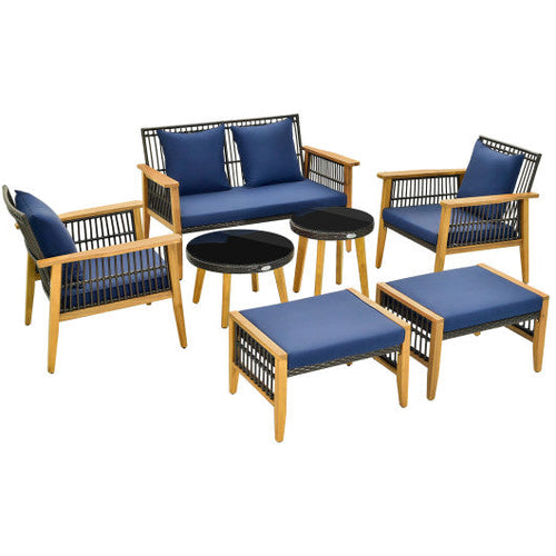 Load image into Gallery viewer, 7 Piece Outdoor Conversation Set with Stable Acacia Wood Frame Cozy Seat &amp; Back Cushions-Navy
