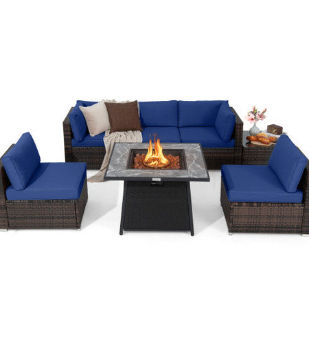 7 Pieces Patio Furniture Set with 35 Inches 50000 BTU Propane Gas Fire Pit Table and Waterproof Cover for Firpit-Navy