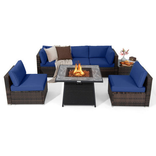 Load image into Gallery viewer, 7 Pieces Patio Furniture Set with 35 Inches 50000 BTU Propane Gas Fire Pit Table and Waterproof Cover for Firpit-Navy
