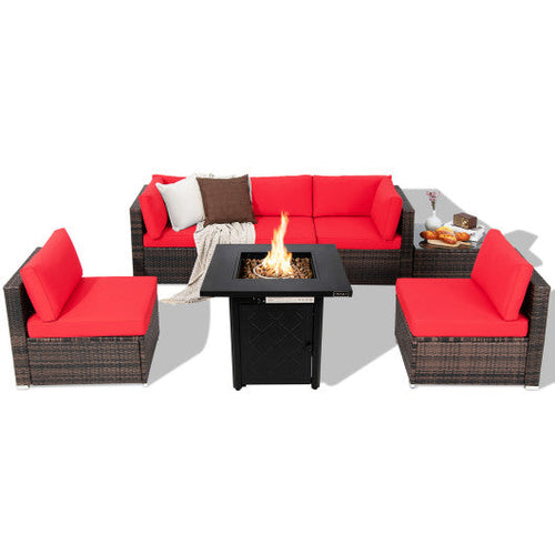 Load image into Gallery viewer, 7 Pieces Patio Furniture Set with 28 Inches 50000 BTU Propane Gas Fire Pit Table-Red

