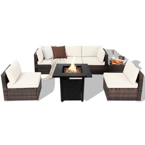 Load image into Gallery viewer, 7 Pieces Patio Furniture Set with 28 Inches 50000 BTU Propane Gas Fire Pit Table-White
