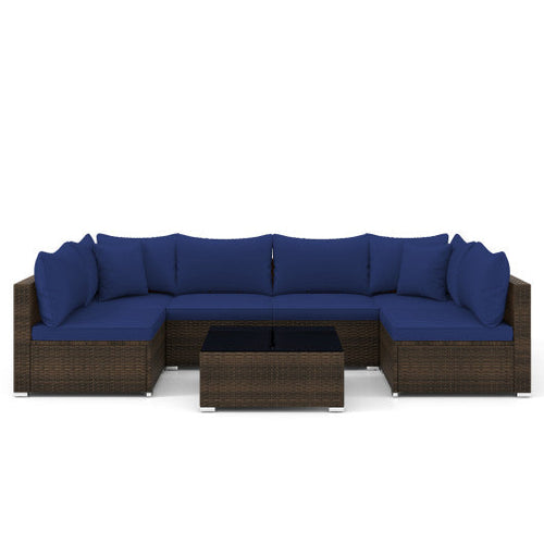 Load image into Gallery viewer, 7 Pieces Patio Rattan Furniture Set with Sectional Sofa Cushions-Navy
