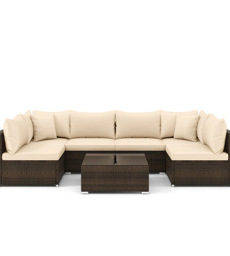 7 Pieces Patio Rattan Furniture Set with Sectional Sofa Cushions-Beige