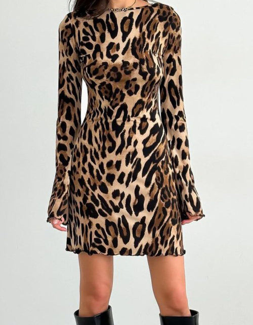 Load image into Gallery viewer, Backless Leopard Long Sleeve Mini Dress
