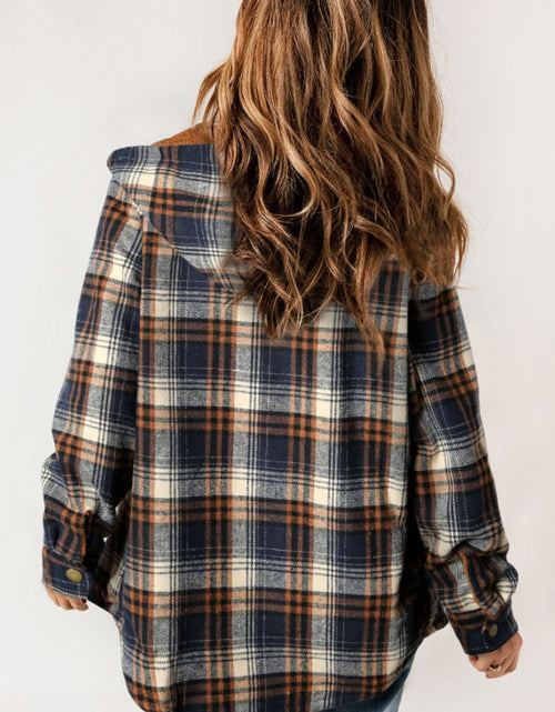 Load image into Gallery viewer, Plaid Button Up Long Sleeve Hooded Jacket
