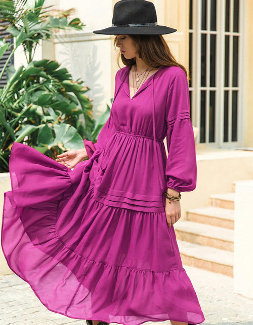 Load image into Gallery viewer, Tie Neck Long Sleeve Midi Tiered Dress
