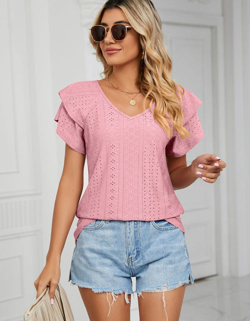 Load image into Gallery viewer, Eyelet Layered Flutter Sleeve V-Neck Knit Top

