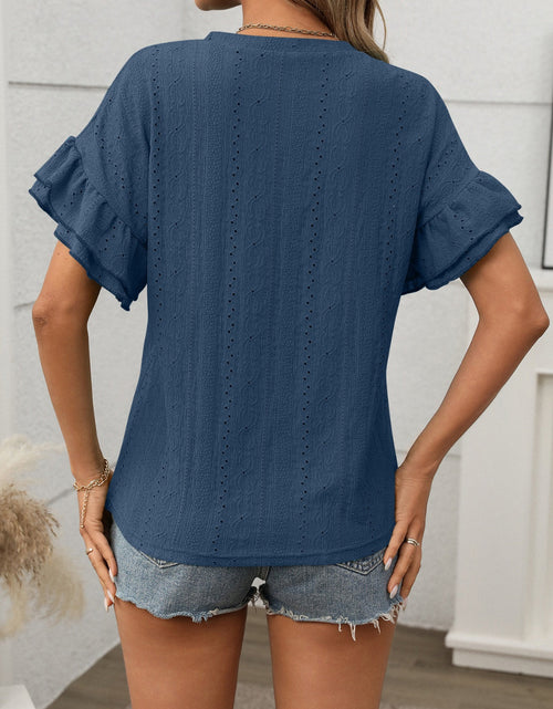 Load image into Gallery viewer, Eyelet Round Neck Flounce Sleeve Top
