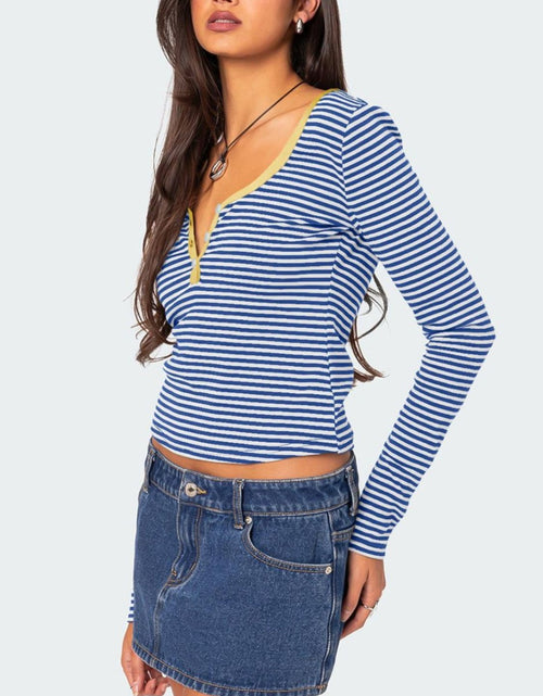 Load image into Gallery viewer, Buttoned Striped Long Sleeve T-Shirt

