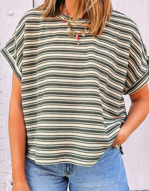Load image into Gallery viewer, Stripe Textured Side Slit Crew Neck T-Shirt
