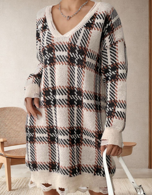 Load image into Gallery viewer, Distressed Plaid V-Neck Long Sleeve Sweater Dress
