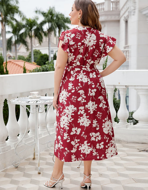 Load image into Gallery viewer, Honey Plus Size Floral Tie Waist Surplice Neck Midi Dress
