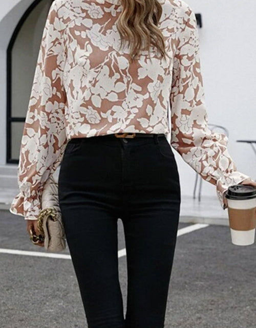 Load image into Gallery viewer, Floral Print Mock Neck Flounce Sleeve Blouse
