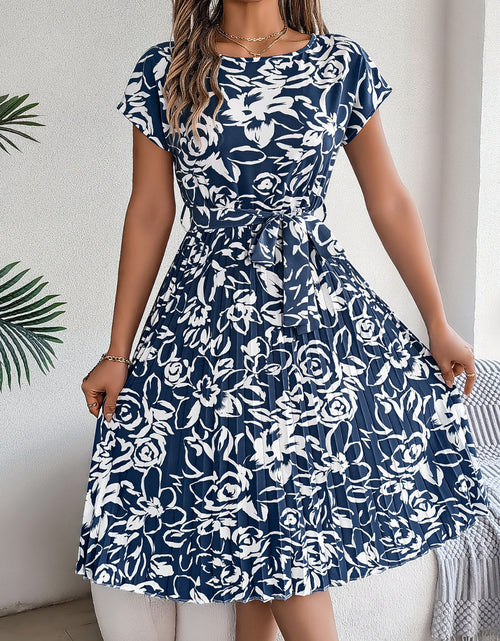 Load image into Gallery viewer, Tied Pleated Printed Short Sleeve Dress
