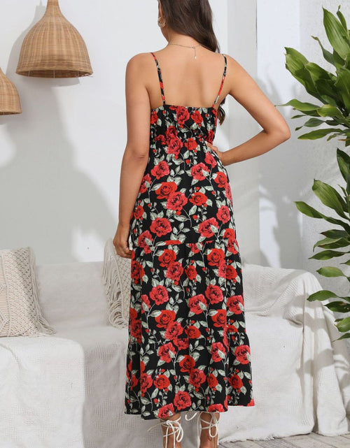 Load image into Gallery viewer, Rose Print Spaghetti Strap Sweetheart Neck Dress
