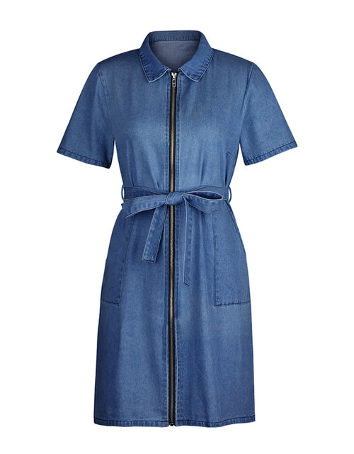 Load image into Gallery viewer, Full Size Zip Front Short Sleeve Denim Dress Plus Size
