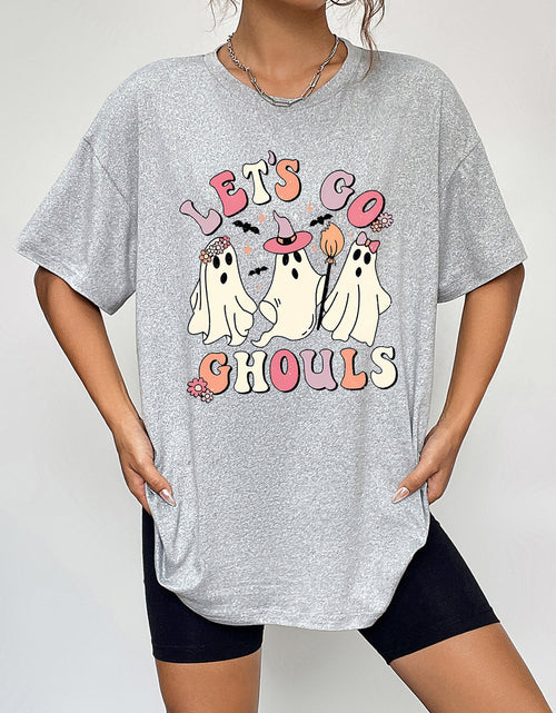 Load image into Gallery viewer, Round Neck Short Sleeve LET'S GO GHOULS Graphic T-Shirt
