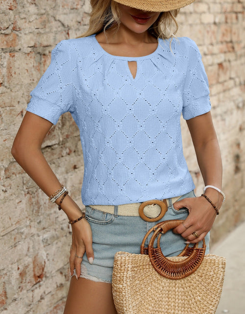 Load image into Gallery viewer, Eyelet Round Neck Short Sleeve Top
