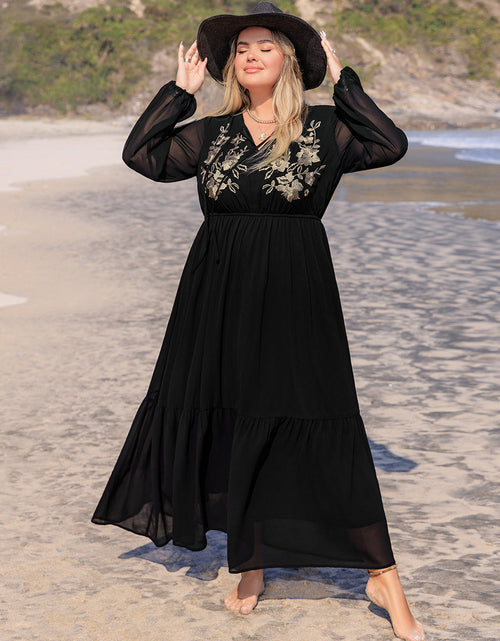 Load image into Gallery viewer, Plus Size Embroidered Tie Neck Long Sleeve Dress
