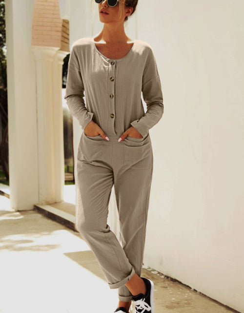Load image into Gallery viewer, Buttoned Drop Shoulder Pocket Jumpsuit
