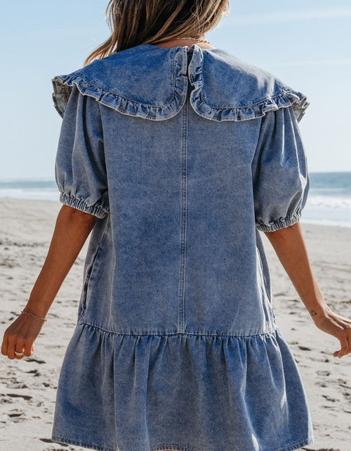 Load image into Gallery viewer, Ruffled Side Pockets Puff Sleeve Denim Mini Dress
