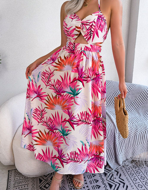 Load image into Gallery viewer, Botanical Print Tied Backless Cutout Slit Dress
