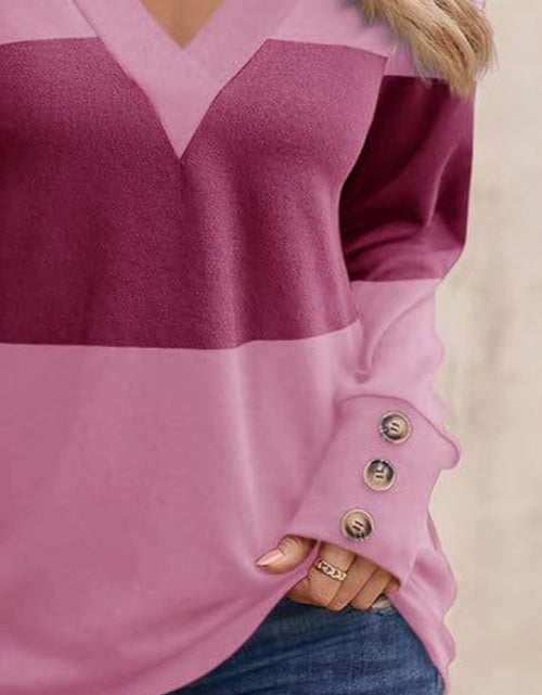 Load image into Gallery viewer, Decorative Button Contrast V-Neck Long Sleeve T-Shirt
