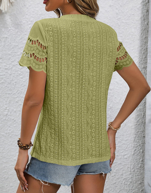 Load image into Gallery viewer, Full Size Eyelet Round Neck Short Sleeve Top
