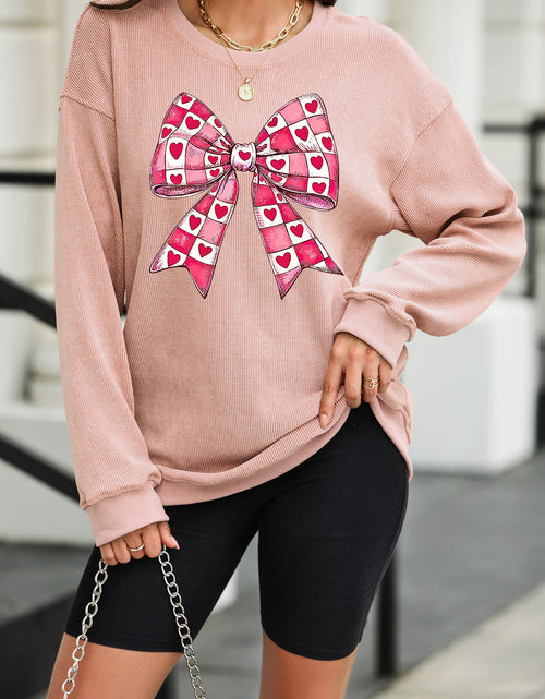 Load image into Gallery viewer, Valentine’s Day Bow Drop Shoulder Long Sleeve Sweatshirt
