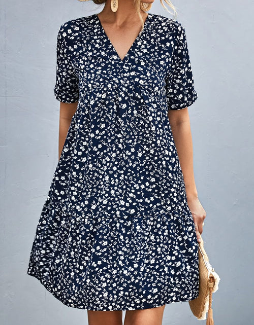 Load image into Gallery viewer, Ditsy Floral Empire Waist Plunge Short Sleeve Dress

