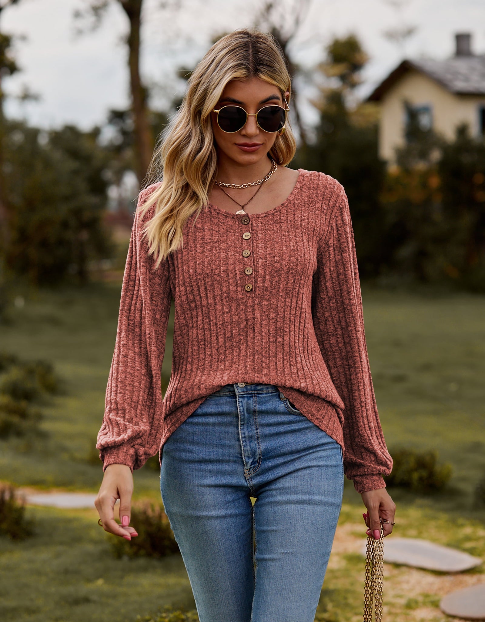 Round Neck Button-Down Long Sleeve Tee