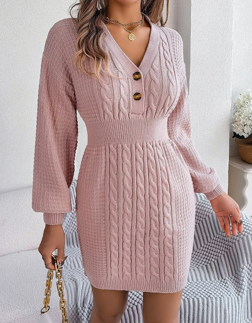 Load image into Gallery viewer, Buttoned Cable-Knit V-Neck Sweater Dress
