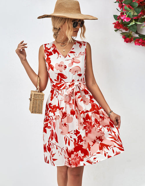 Load image into Gallery viewer, Floral V-Neck Tie Waist Sleeveless Dress

