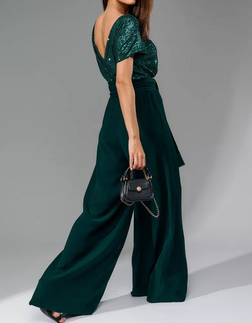 Load image into Gallery viewer, Full Size Sequin Round Neck Short Sleeve Wide Leg Jumpsuit
