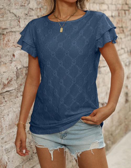 Load image into Gallery viewer, Eyelet Round Neck Double Layered Ruffled Short Sleeve Top
