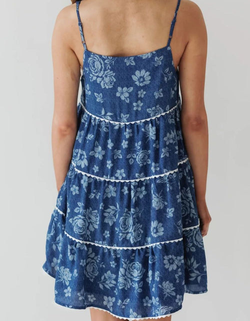 Load image into Gallery viewer, Floral Tiered Square Neck Denim Dress
