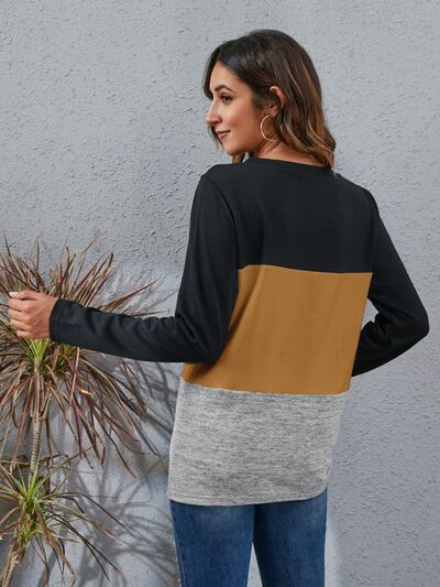 Load image into Gallery viewer, Color Block Round Neck Long Sleeve T-Shirt
