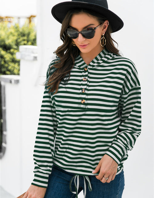 Load image into Gallery viewer, Striped Half-Button Dropped Shoulder Hoodie
