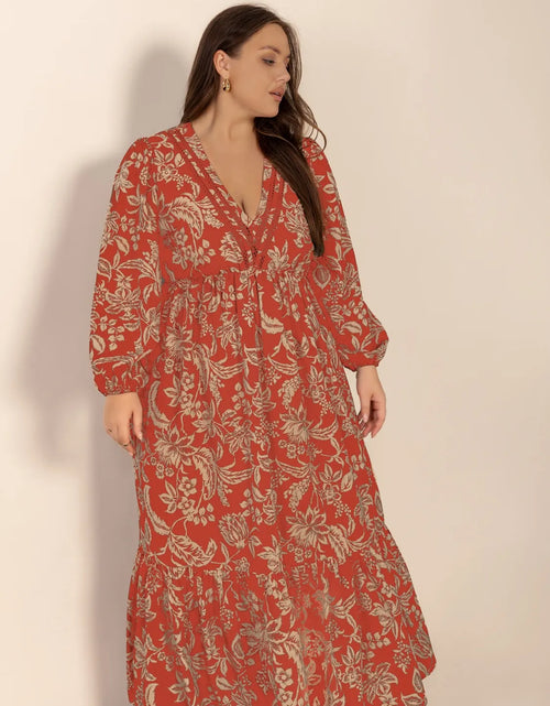 Load image into Gallery viewer, Plus Size Lace Detail Printed Balloon Sleeve Midi Dress
