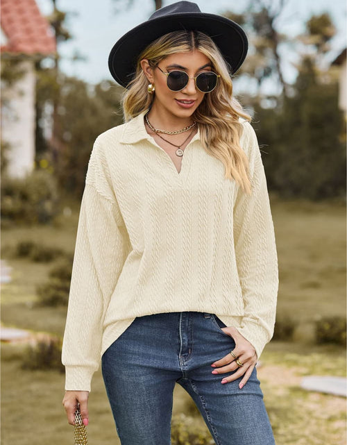 Load image into Gallery viewer, Collared Neck Cable-Knit Long Sleeve Blouse
