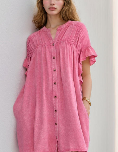 Load image into Gallery viewer, Ruffled Short Sleeve Buttoned Denim Mini Dress
