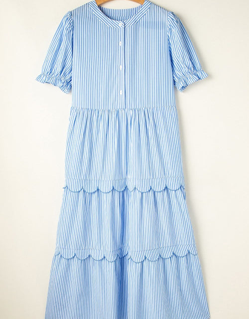 Load image into Gallery viewer, Stripe Bubble Short Sleeve Tiered Scallop Midi Dress
