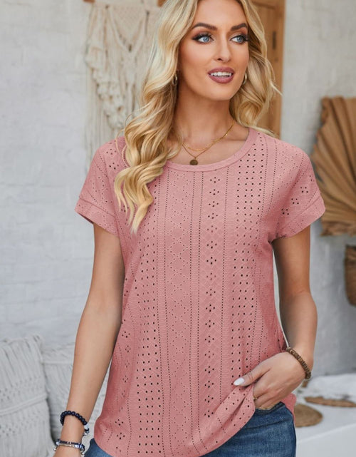 Load image into Gallery viewer, Eyelet Round Neck Rolled Short Sleeve T-Shirt

