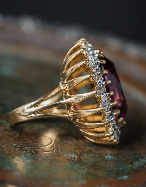 Load image into Gallery viewer, Vintage Amethyst and Clear Austrian Crystal Cocktail Ring 18k Yellow Gold Electroplated Made in USA by PVD Vintage Jewelry
